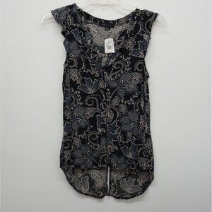 Sanctuary Women's XS Top Ruffle Cap Sleeve Button Down Blouse XS Black Multi